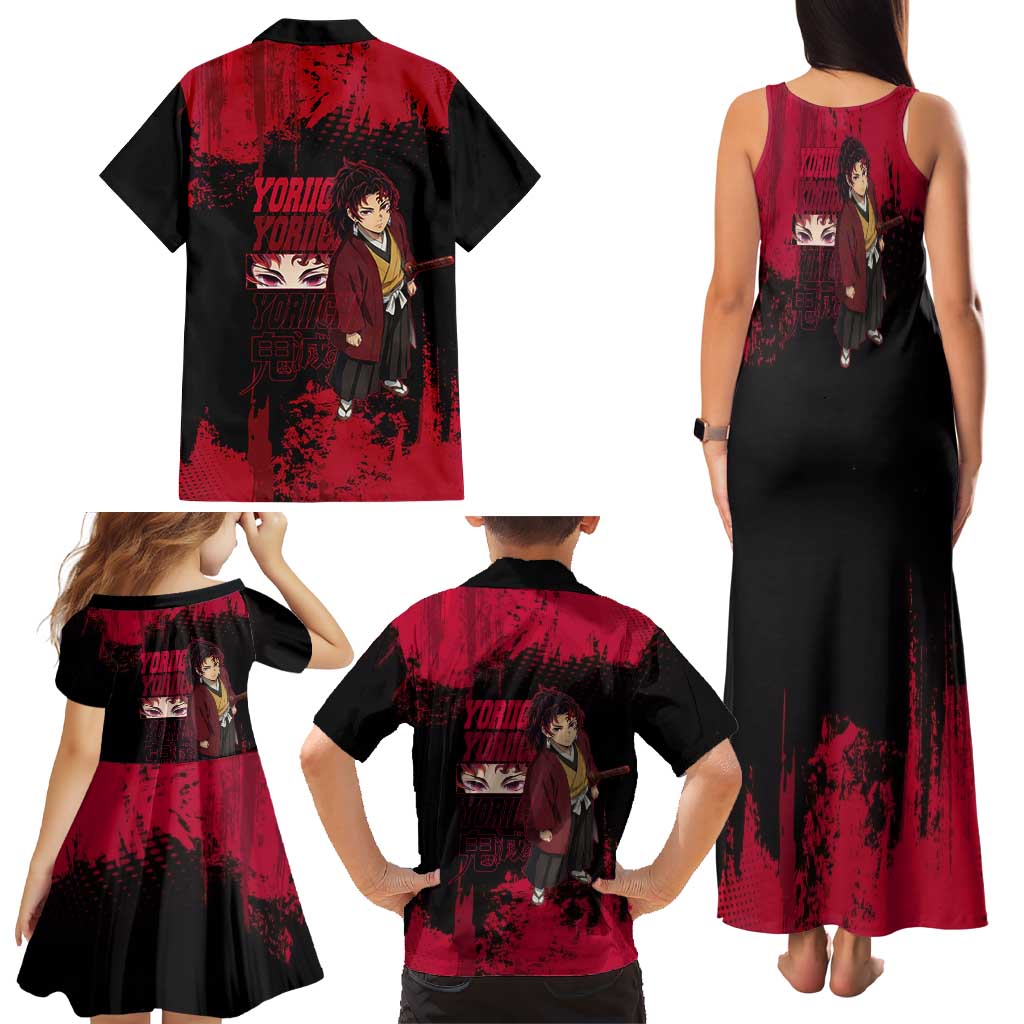 Yoriichi Tsugikuni Demon Slayer Red Grunge Design Family Matching Tank Maxi Dress and Hawaiian Shirt with Intense Eyes and Sword Stance