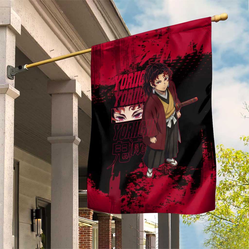 Yoriichi Tsugikuni Demon Slayer Red Grunge Design Garden Flag with Intense Eyes and Sword Stance - The Mazicc