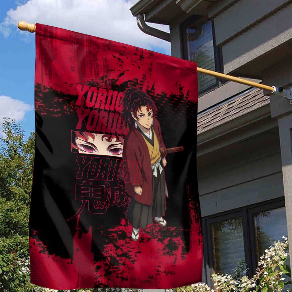 Yoriichi Tsugikuni Demon Slayer Red Grunge Design Garden Flag with Intense Eyes and Sword Stance - The Mazicc