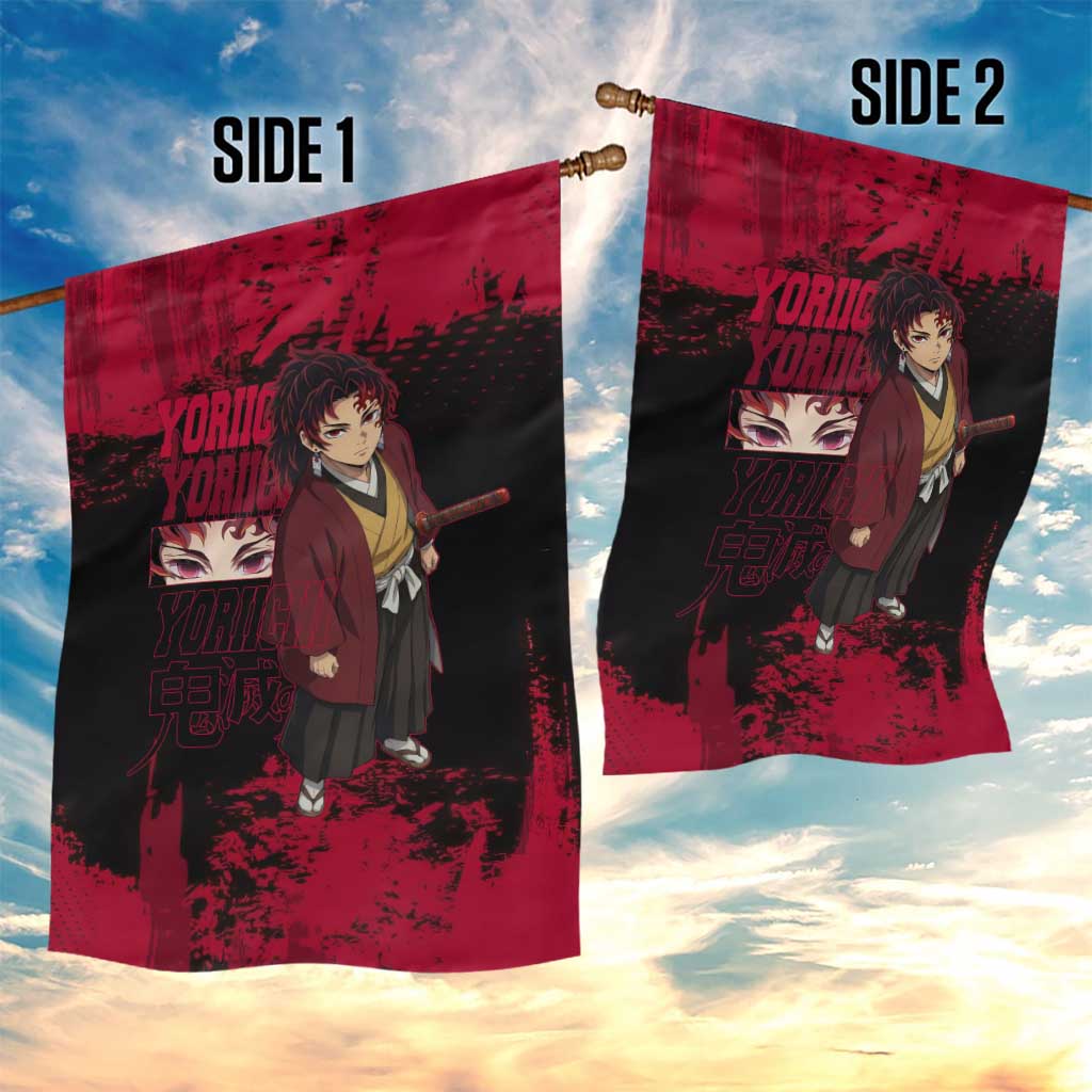 Yoriichi Tsugikuni Demon Slayer Red Grunge Design Garden Flag with Intense Eyes and Sword Stance - The Mazicc