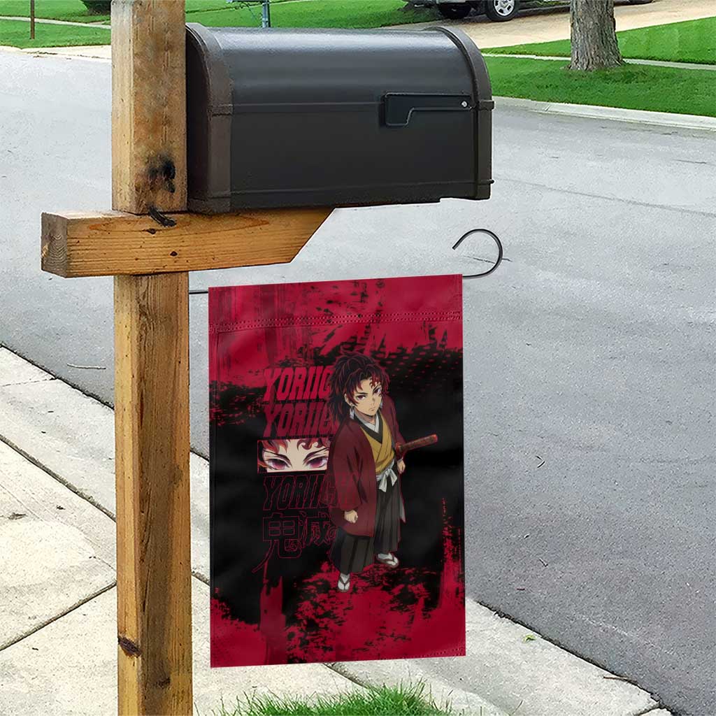 Yoriichi Tsugikuni Demon Slayer Red Grunge Design Garden Flag with Intense Eyes and Sword Stance - The Mazicc