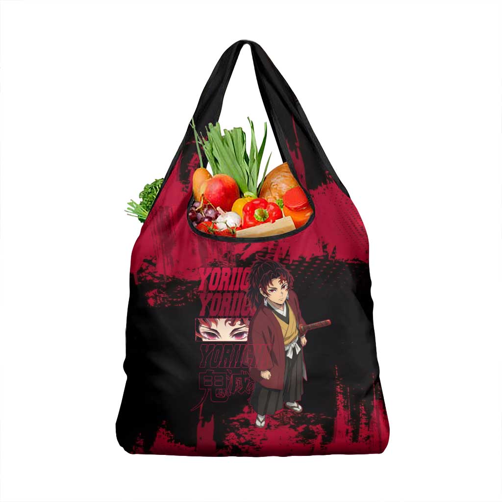 Yoriichi Tsugikuni Demon Slayer Red Grunge Design Grocery Bag with Intense Eyes and Sword Stance - The Mazicc