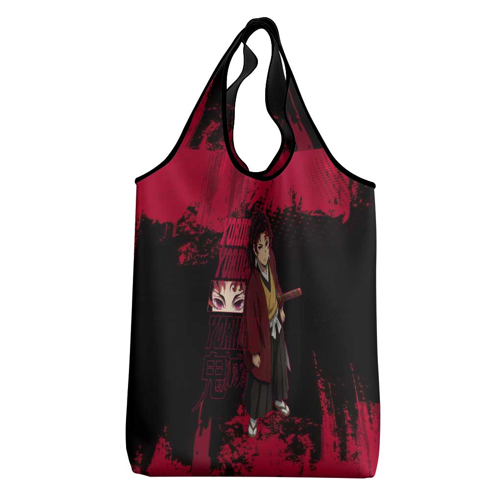 Yoriichi Tsugikuni Demon Slayer Red Grunge Design Grocery Bag with Intense Eyes and Sword Stance - The Mazicc