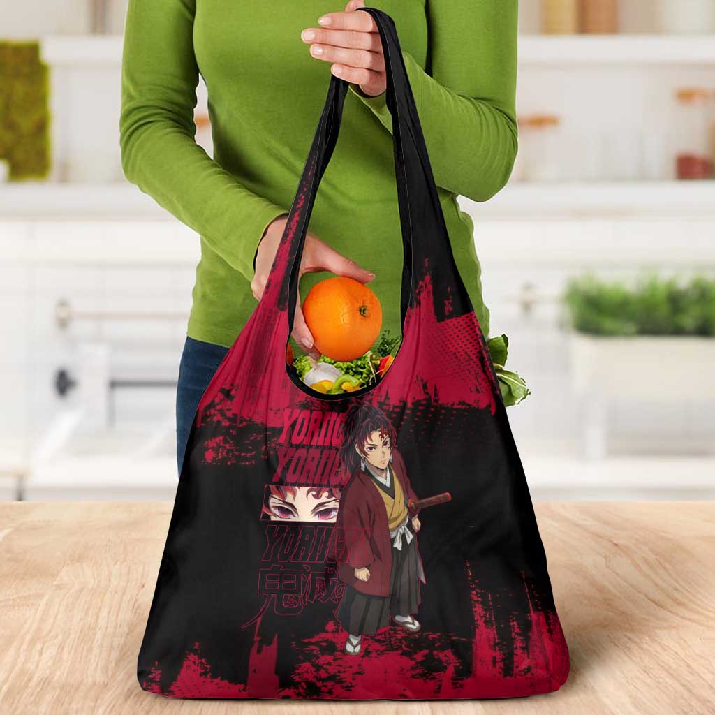 Yoriichi Tsugikuni Demon Slayer Red Grunge Design Grocery Bag with Intense Eyes and Sword Stance - The Mazicc