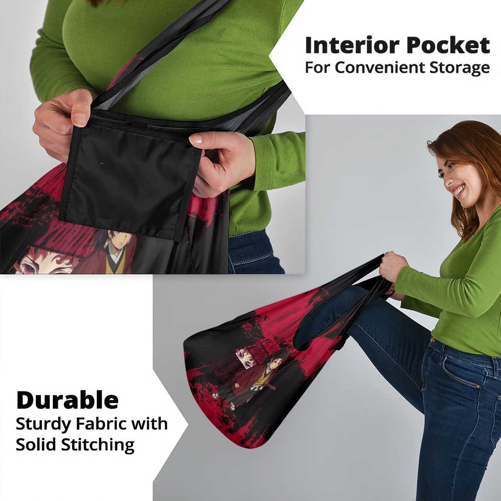 Yoriichi Tsugikuni Demon Slayer Red Grunge Design Grocery Bag with Intense Eyes and Sword Stance - The Mazicc