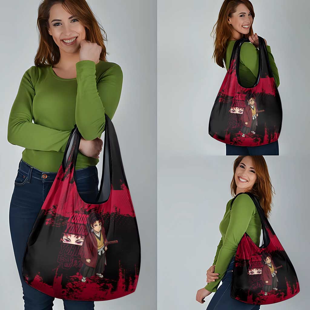 Yoriichi Tsugikuni Demon Slayer Red Grunge Design Grocery Bag with Intense Eyes and Sword Stance - The Mazicc