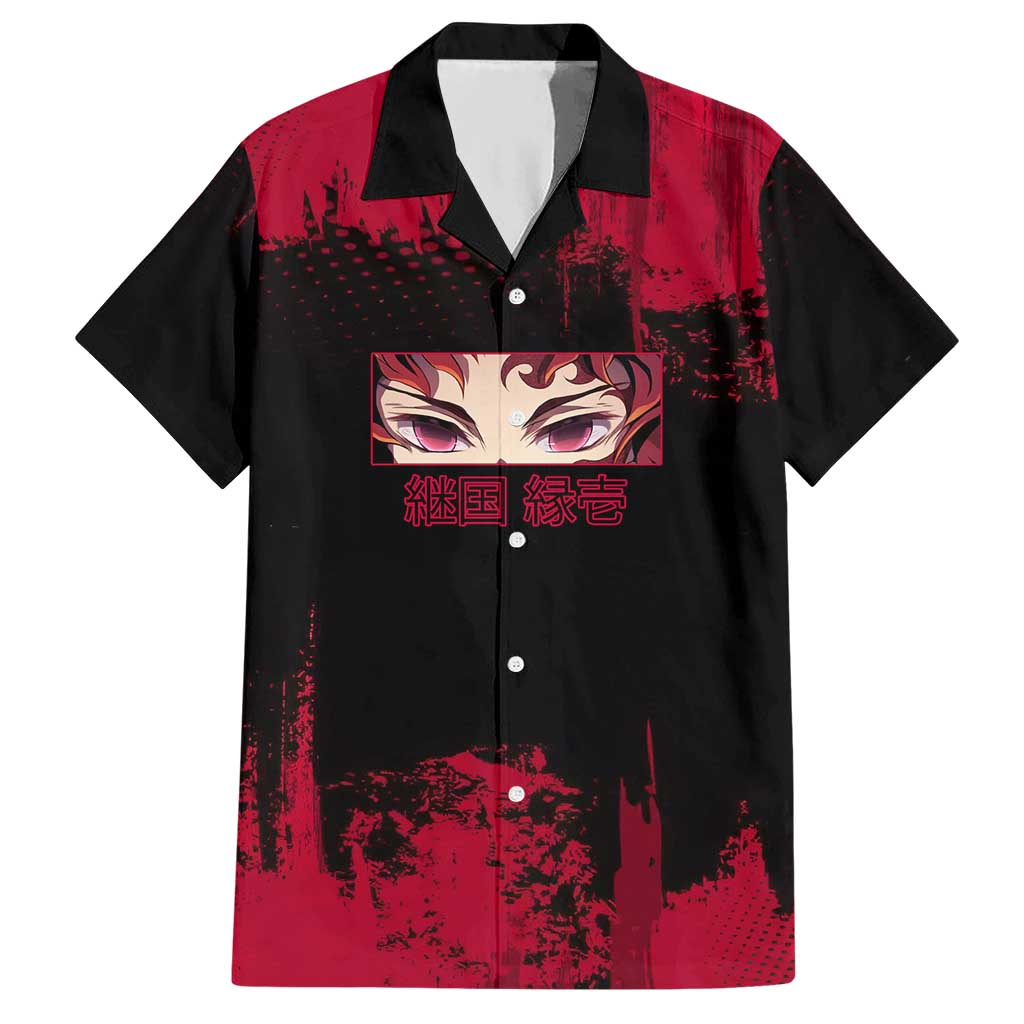 Yoriichi Tsugikuni Demon Slayer Red Grunge Design Hawaiian Shirt with Intense Eyes and Sword Stance - The Mazicc