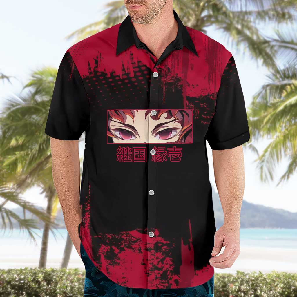 Yoriichi Tsugikuni Demon Slayer Red Grunge Design Hawaiian Shirt with Intense Eyes and Sword Stance - The Mazicc