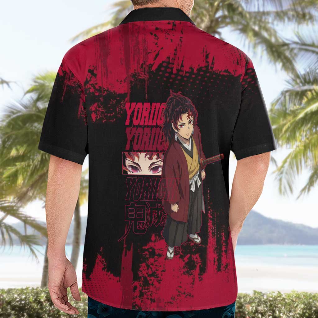 Yoriichi Tsugikuni Demon Slayer Red Grunge Design Hawaiian Shirt with Intense Eyes and Sword Stance - The Mazicc