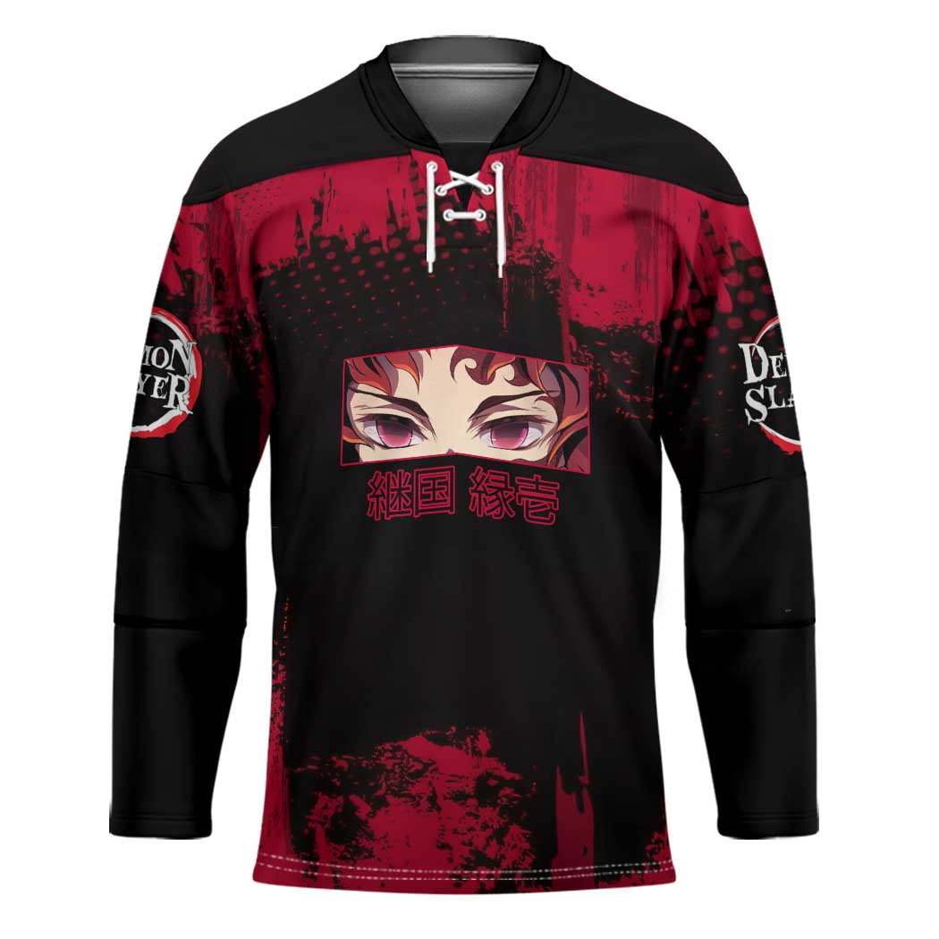Yoriichi Tsugikuni Demon Slayer Red Grunge Design Hockey Jersey with Intense Eyes and Sword Stance - The Mazicc