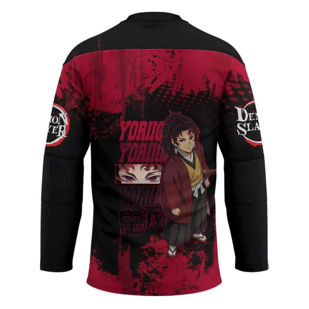 Yoriichi Tsugikuni Demon Slayer Red Grunge Design Hockey Jersey with Intense Eyes and Sword Stance - The Mazicc