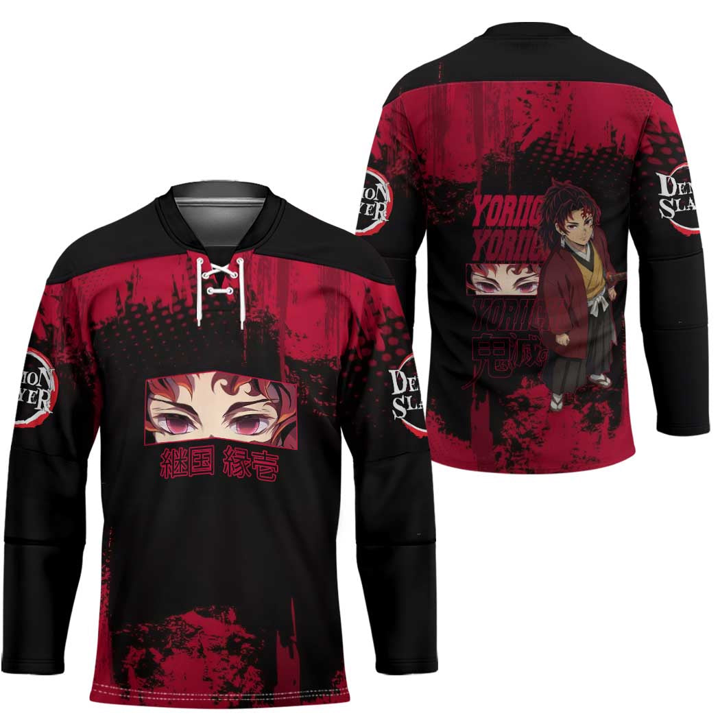 Yoriichi Tsugikuni Demon Slayer Red Grunge Design Hockey Jersey with Intense Eyes and Sword Stance - The Mazicc