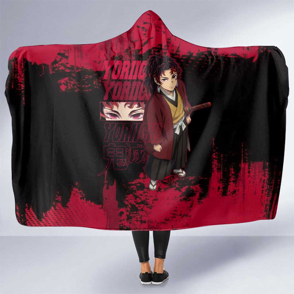 Yoriichi Tsugikuni Demon Slayer Red Grunge Design Hooded Blanket with Intense Eyes and Sword Stance - The Mazicc