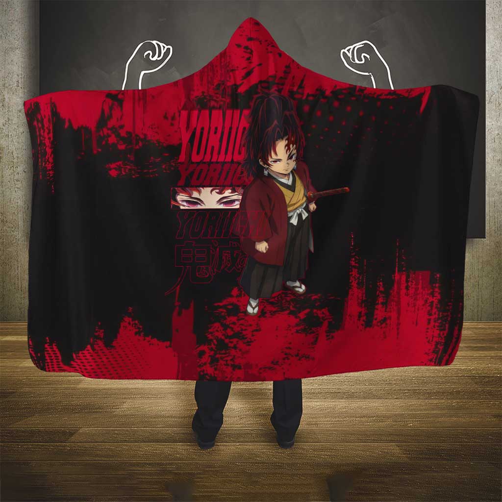 Yoriichi Tsugikuni Demon Slayer Red Grunge Design Hooded Blanket with Intense Eyes and Sword Stance - The Mazicc