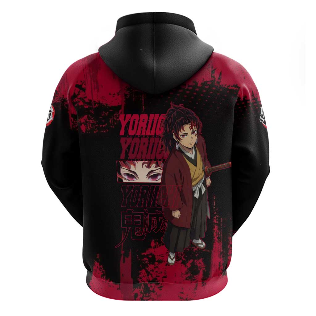 Yoriichi Tsugikuni Demon Slayer Red Grunge Design Hoodie with Intense Eyes and Sword Stance - The Mazicc