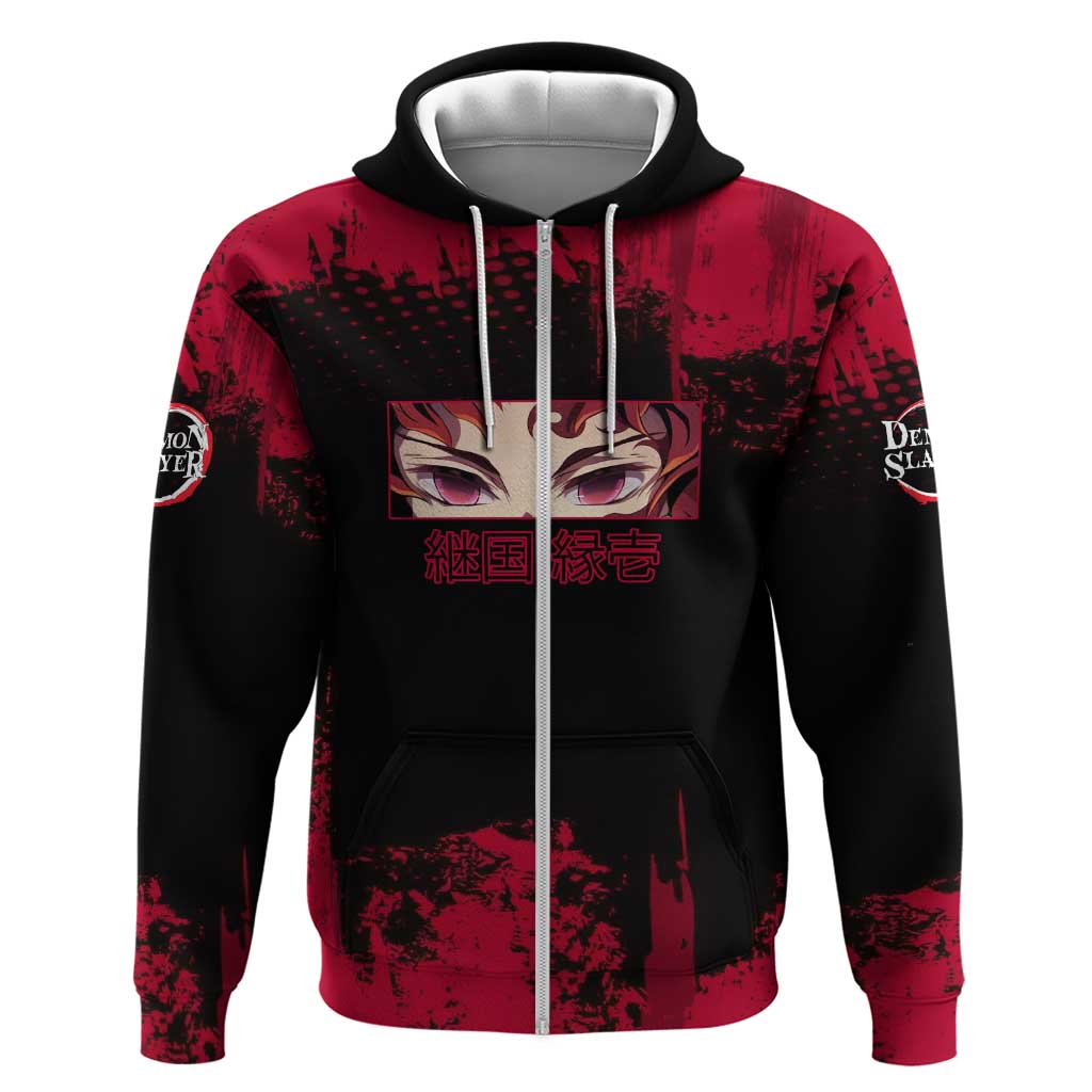 Yoriichi Tsugikuni Demon Slayer Red Grunge Design Hoodie with Intense Eyes and Sword Stance - The Mazicc