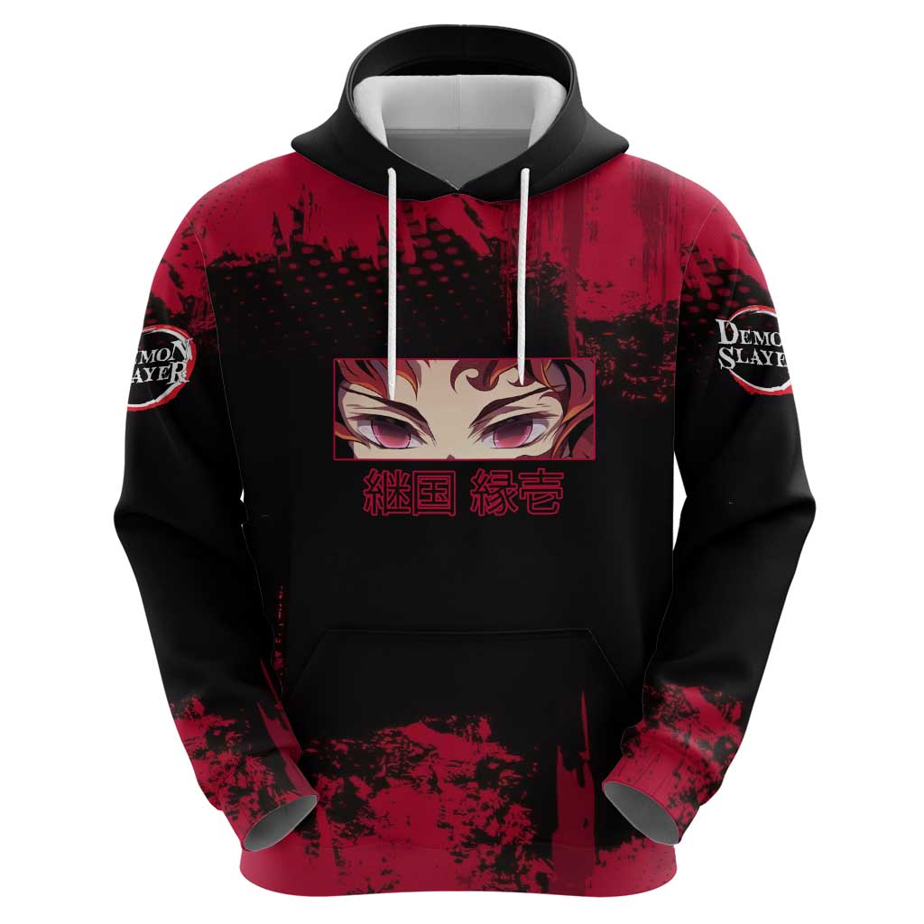Yoriichi Tsugikuni Demon Slayer Red Grunge Design Hoodie with Intense Eyes and Sword Stance - The Mazicc
