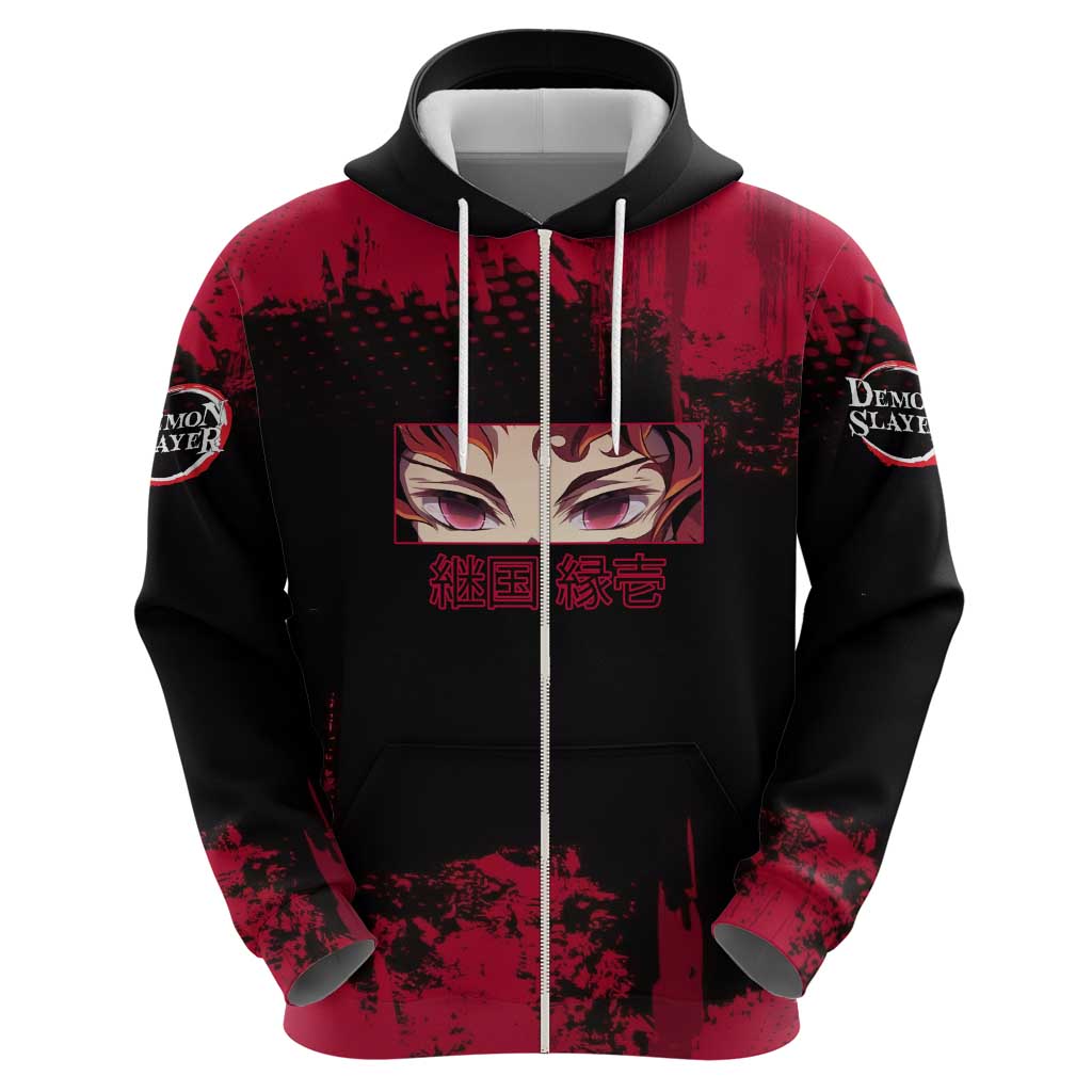 Yoriichi Tsugikuni Demon Slayer Red Grunge Design Hoodie with Intense Eyes and Sword Stance - The Mazicc