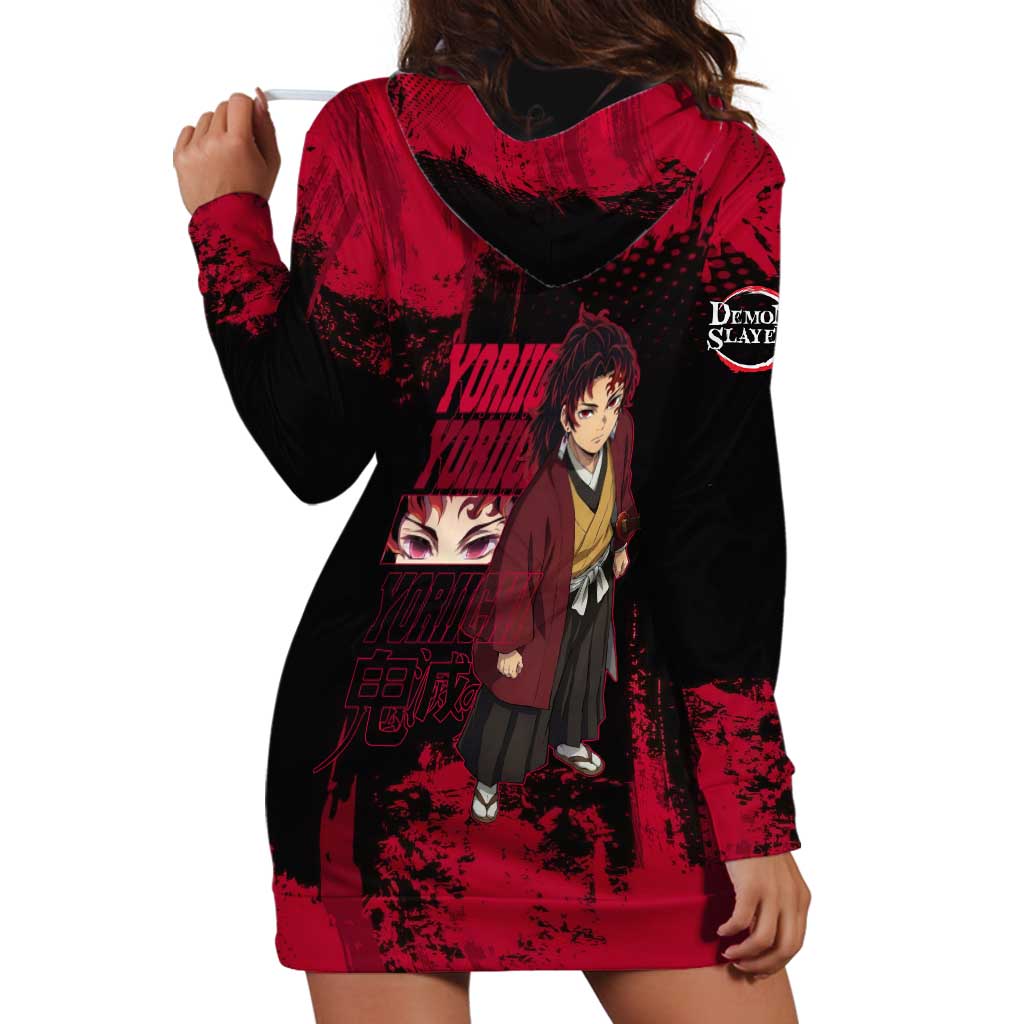 Yoriichi Tsugikuni Demon Slayer Red Grunge Design Hoodie Dress with Intense Eyes and Sword Stance - The Mazicc