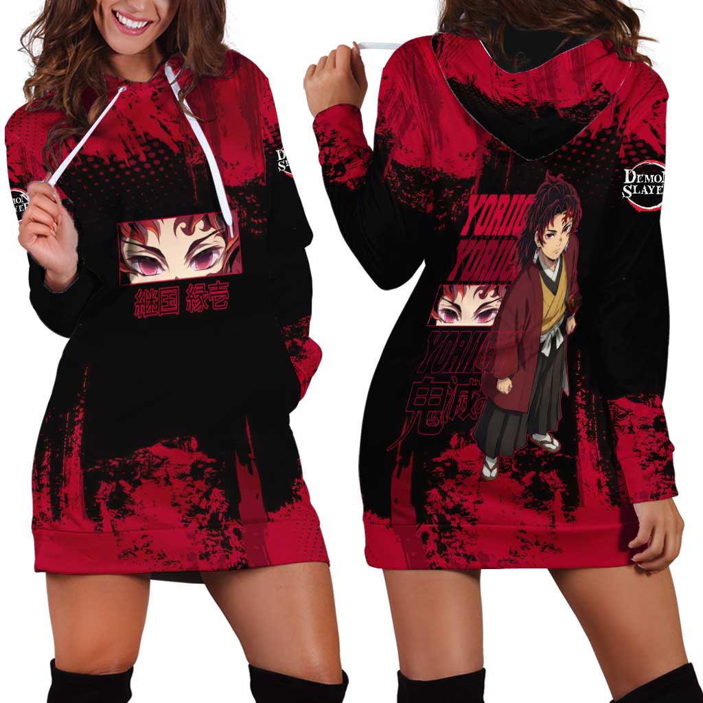 Yoriichi Tsugikuni Demon Slayer Red Grunge Design Hoodie Dress with Intense Eyes and Sword Stance - The Mazicc