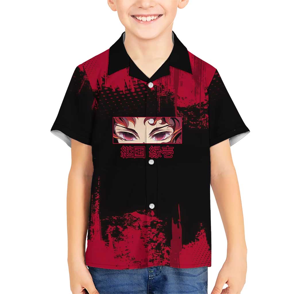 Yoriichi Tsugikuni Demon Slayer Red Grunge Design Kid Hawaiian Shirt with Intense Eyes and Sword Stance - The Mazicc