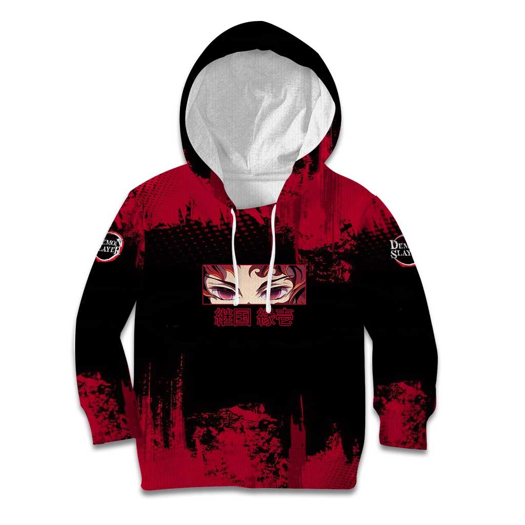 Yoriichi Tsugikuni Demon Slayer Red Grunge Design Kid Hoodie with Intense Eyes and Sword Stance - The Mazicc