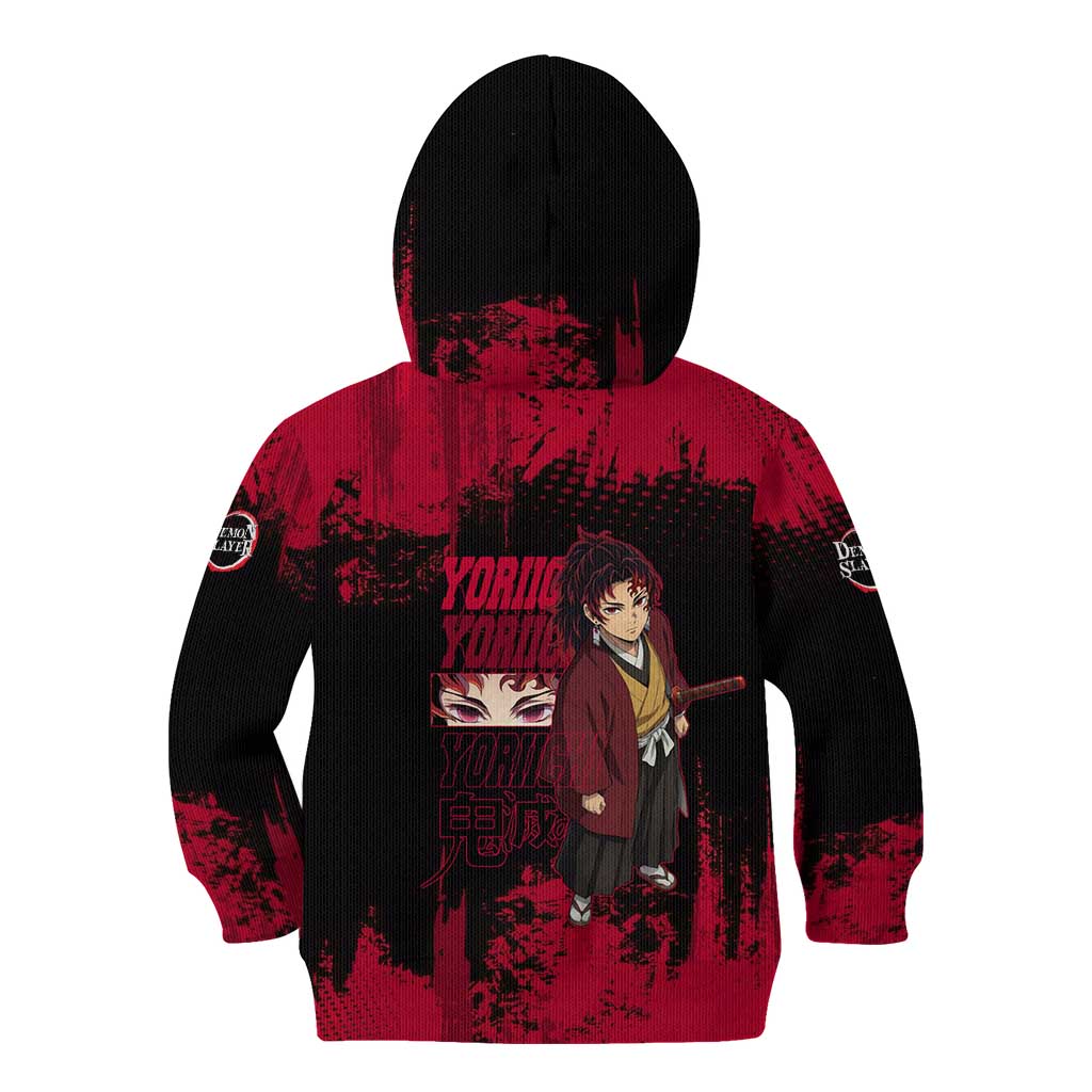 Yoriichi Tsugikuni Demon Slayer Red Grunge Design Kid Hoodie with Intense Eyes and Sword Stance - The Mazicc