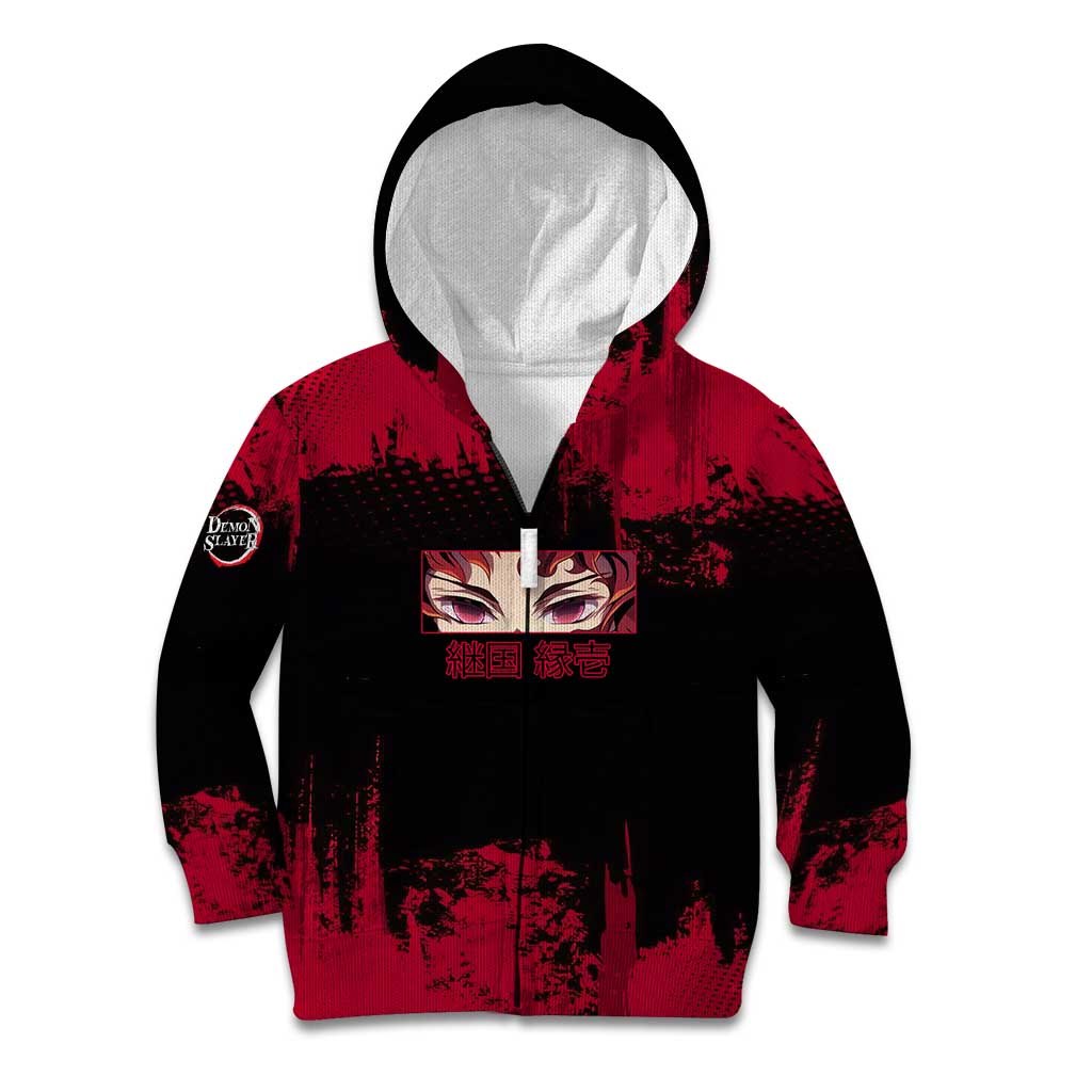 Yoriichi Tsugikuni Demon Slayer Red Grunge Design Kid Hoodie with Intense Eyes and Sword Stance - The Mazicc