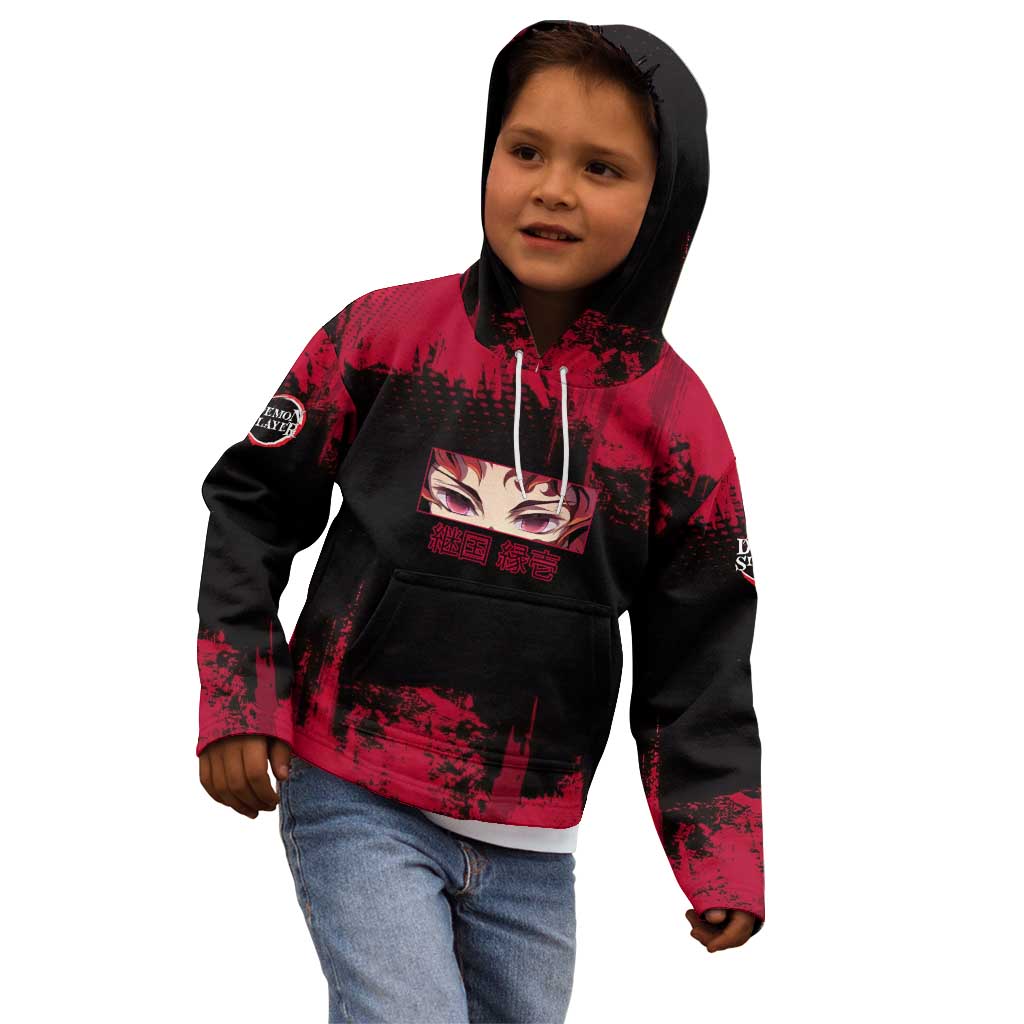 Yoriichi Tsugikuni Demon Slayer Red Grunge Design Kid Hoodie with Intense Eyes and Sword Stance - The Mazicc
