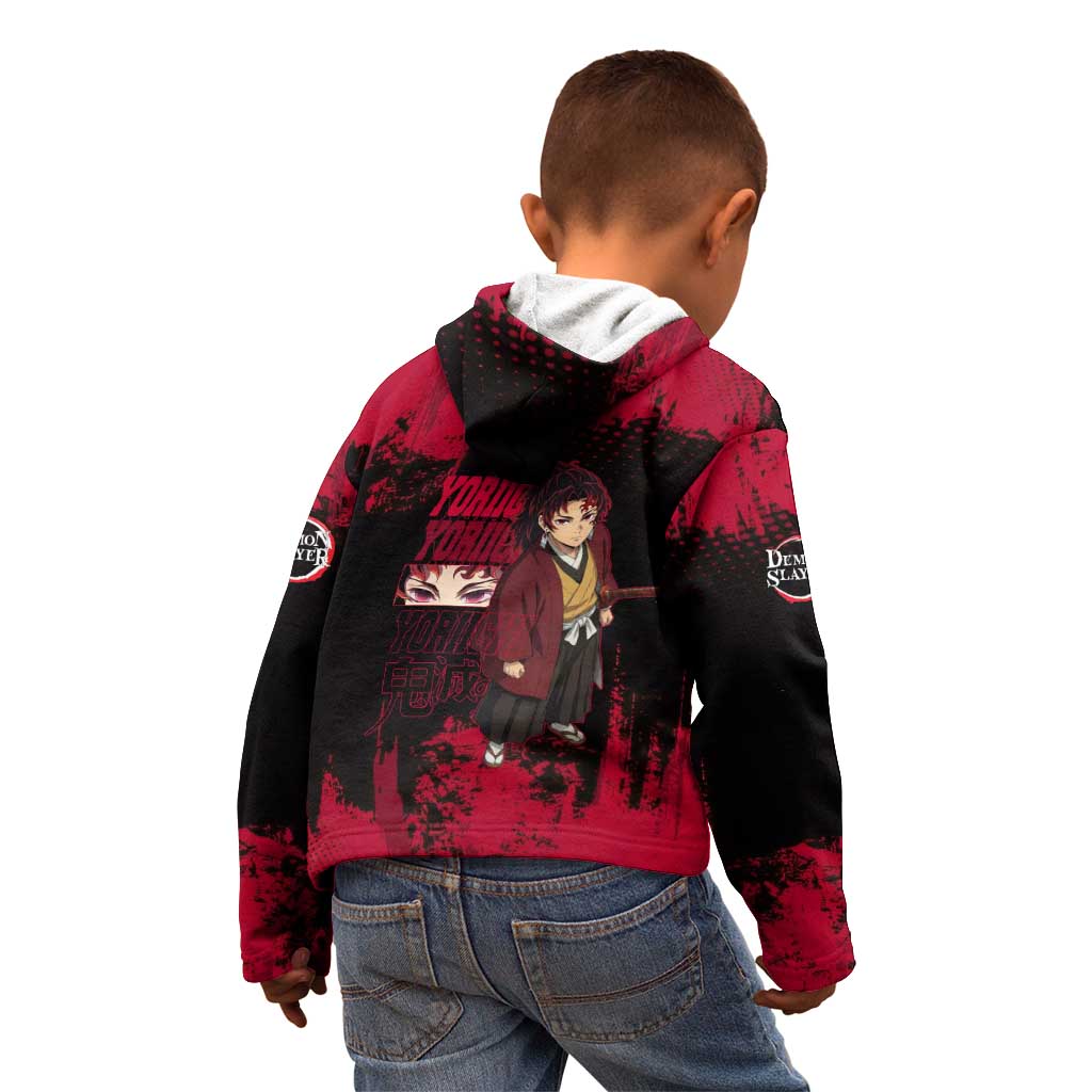 Yoriichi Tsugikuni Demon Slayer Red Grunge Design Kid Hoodie with Intense Eyes and Sword Stance - The Mazicc