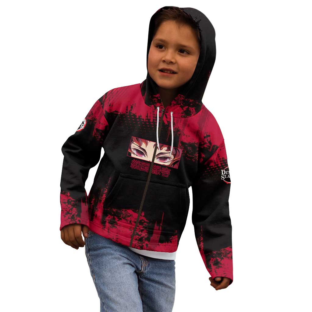 Yoriichi Tsugikuni Demon Slayer Red Grunge Design Kid Hoodie with Intense Eyes and Sword Stance - The Mazicc