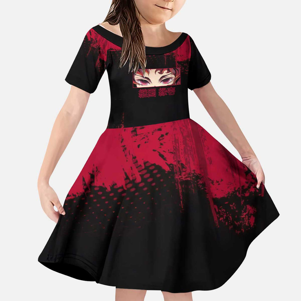 Yoriichi Tsugikuni Demon Slayer Red Grunge Design Kid Short Sleeve Dress with Intense Eyes and Sword Stance - The Mazicc