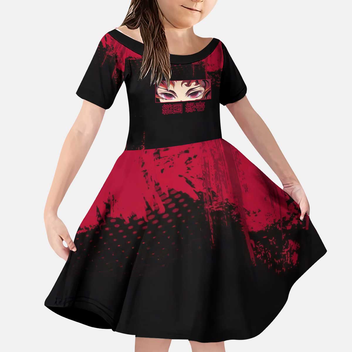 Yoriichi Tsugikuni Demon Slayer Red Grunge Design Kid Short Sleeve Dress with Intense Eyes and Sword Stance - The Mazicc