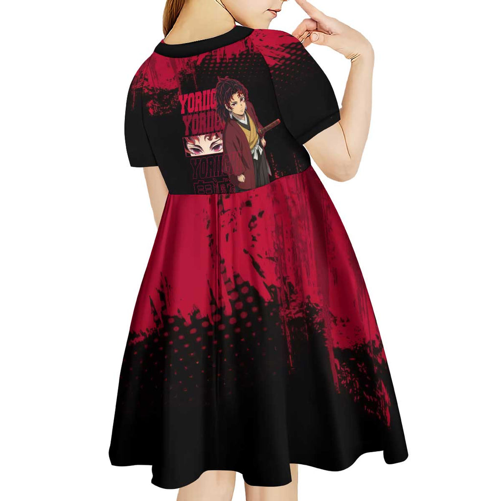 Yoriichi Tsugikuni Demon Slayer Red Grunge Design Kid Short Sleeve Dress with Intense Eyes and Sword Stance - The Mazicc