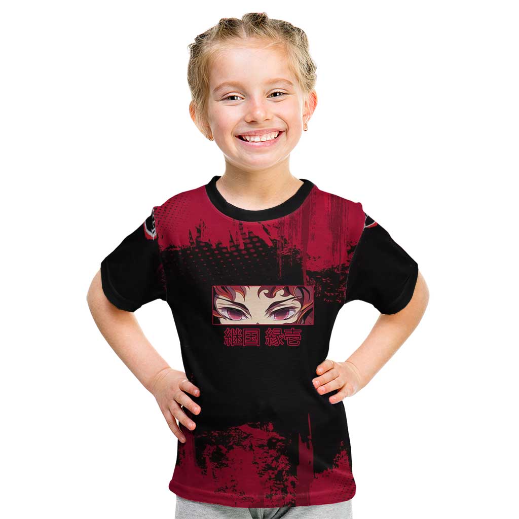 Yoriichi Tsugikuni Demon Slayer Red Grunge Design Kid T Shirt with Intense Eyes and Sword Stance - The Mazicc