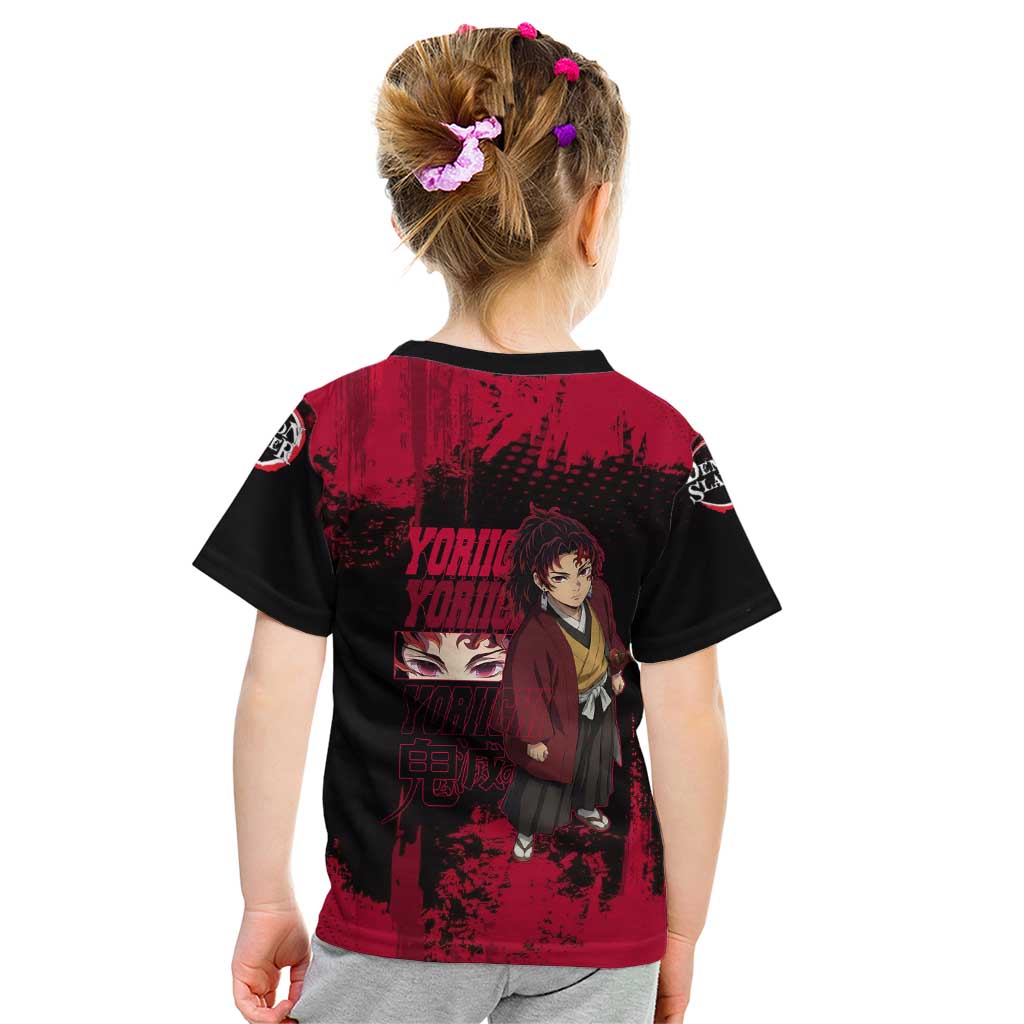 Yoriichi Tsugikuni Demon Slayer Red Grunge Design Kid T Shirt with Intense Eyes and Sword Stance - The Mazicc