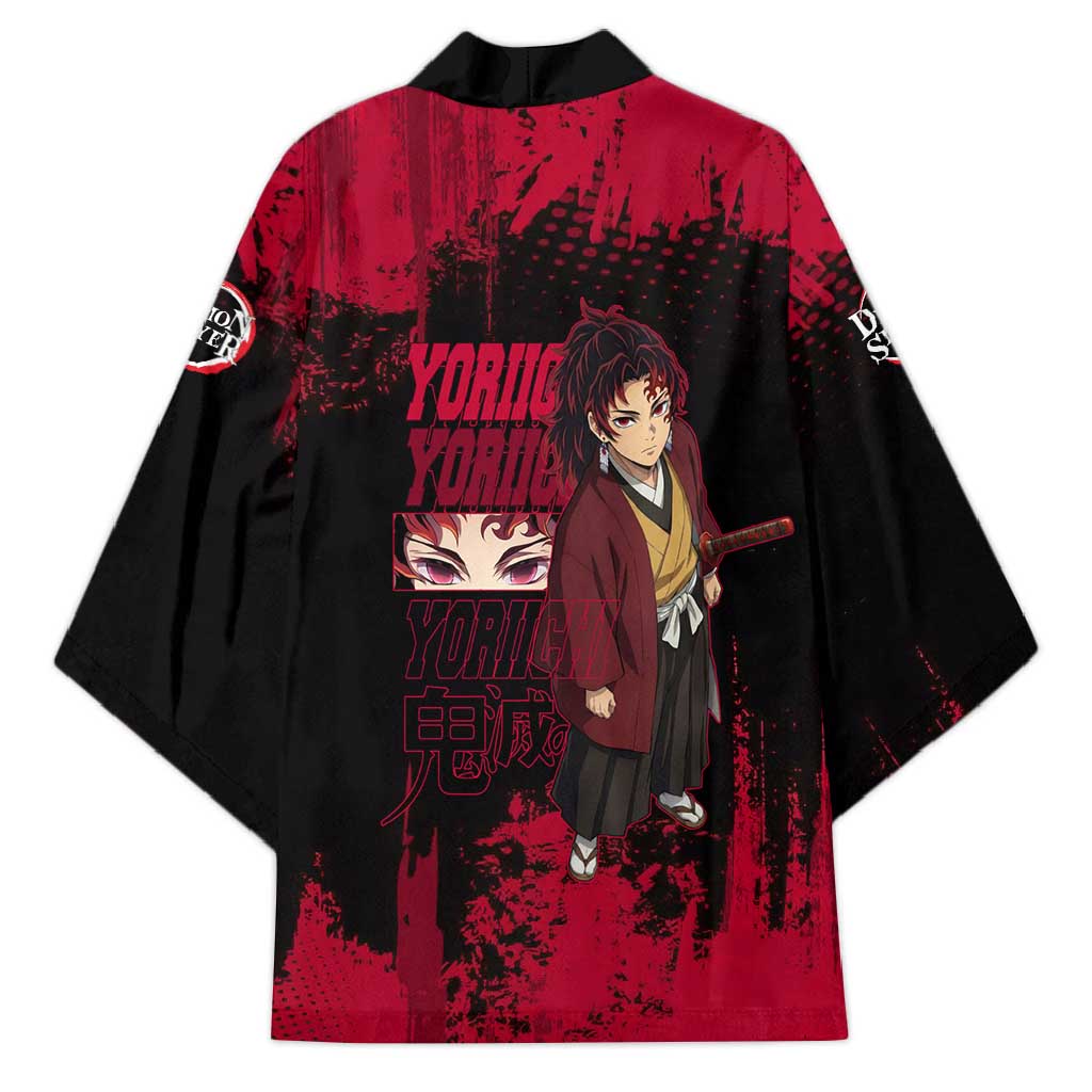 Yoriichi Tsugikuni Demon Slayer Red Grunge Design Kimono with Intense Eyes and Sword Stance - The Mazicc