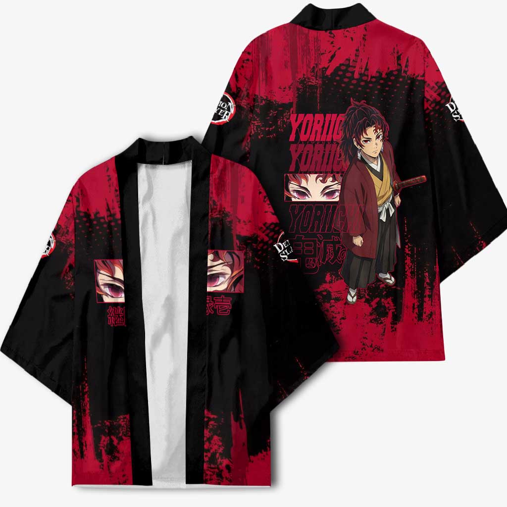 Yoriichi Tsugikuni Demon Slayer Red Grunge Design Kimono with Intense Eyes and Sword Stance - The Mazicc