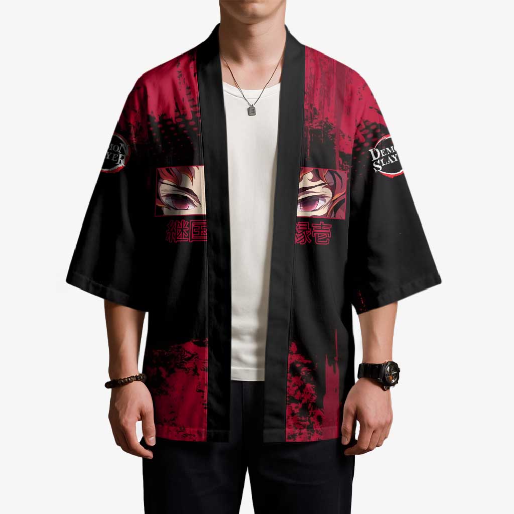 Yoriichi Tsugikuni Demon Slayer Red Grunge Design Kimono with Intense Eyes and Sword Stance - The Mazicc