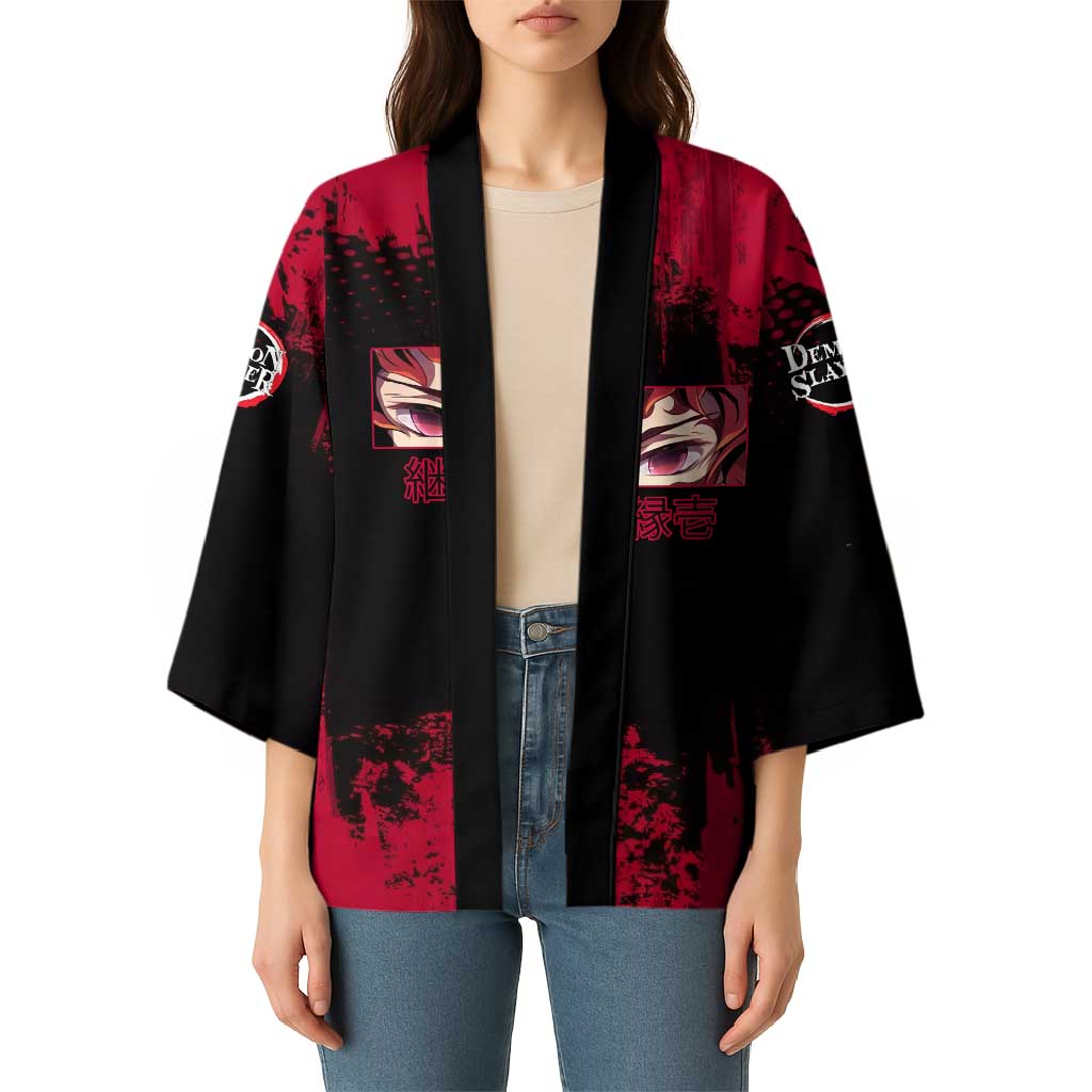 Yoriichi Tsugikuni Demon Slayer Red Grunge Design Kimono with Intense Eyes and Sword Stance - The Mazicc