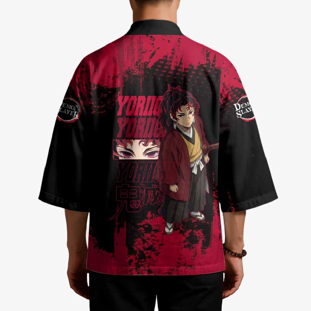 Yoriichi Tsugikuni Demon Slayer Red Grunge Design Kimono with Intense Eyes and Sword Stance - The Mazicc