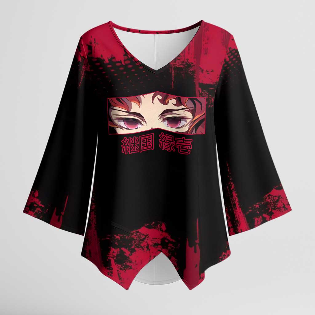 Yoriichi Tsugikuni Demon Slayer Red Grunge Design Kimono Sleeve Blouse with Intense Eyes and Sword Stance - The Mazicc