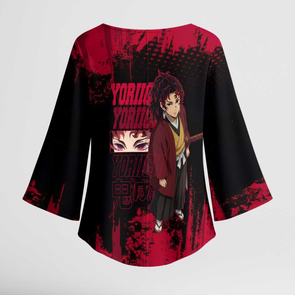 Yoriichi Tsugikuni Demon Slayer Red Grunge Design Kimono Sleeve Blouse with Intense Eyes and Sword Stance - The Mazicc