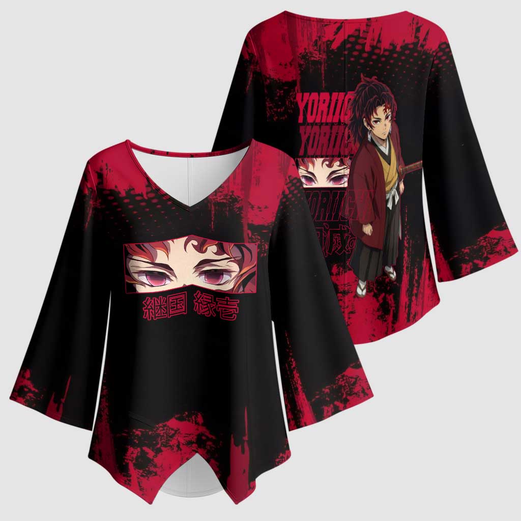 Yoriichi Tsugikuni Demon Slayer Red Grunge Design Kimono Sleeve Blouse with Intense Eyes and Sword Stance - The Mazicc