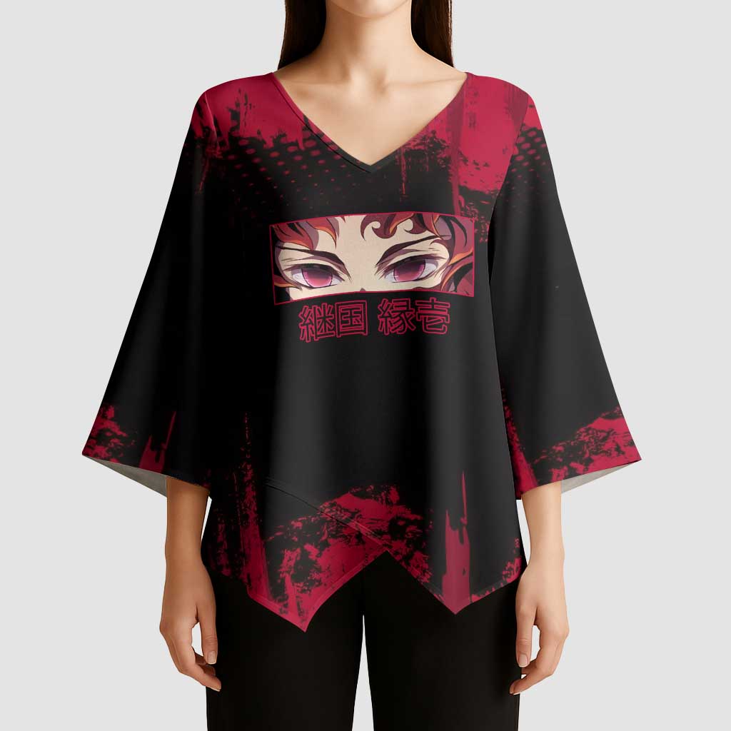 Yoriichi Tsugikuni Demon Slayer Red Grunge Design Kimono Sleeve Blouse with Intense Eyes and Sword Stance - The Mazicc