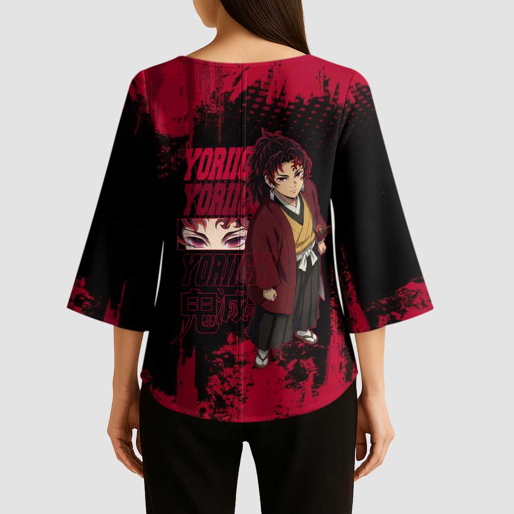 Yoriichi Tsugikuni Demon Slayer Red Grunge Design Kimono Sleeve Blouse with Intense Eyes and Sword Stance - The Mazicc
