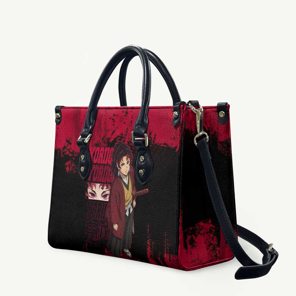 Yoriichi Tsugikuni Demon Slayer Red Grunge Design Leather Bag with Intense Eyes and Sword Stance - The Mazicc