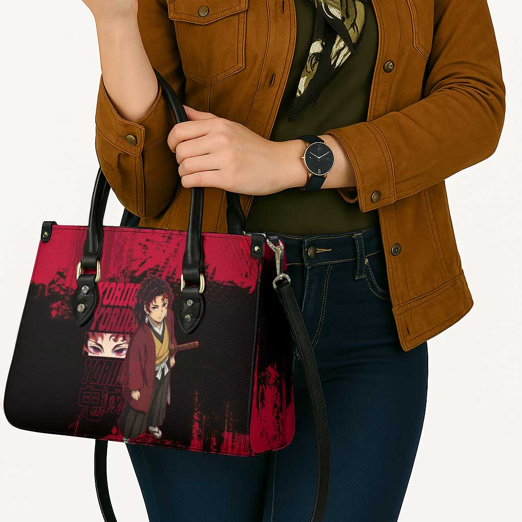 Yoriichi Tsugikuni Demon Slayer Red Grunge Design Leather Bag with Intense Eyes and Sword Stance - The Mazicc