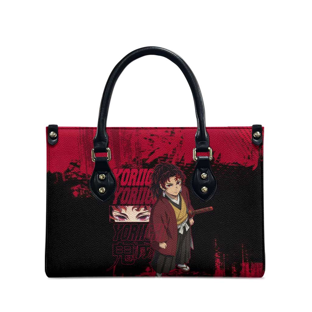 Yoriichi Tsugikuni Demon Slayer Red Grunge Design Leather Bag with Intense Eyes and Sword Stance - The Mazicc