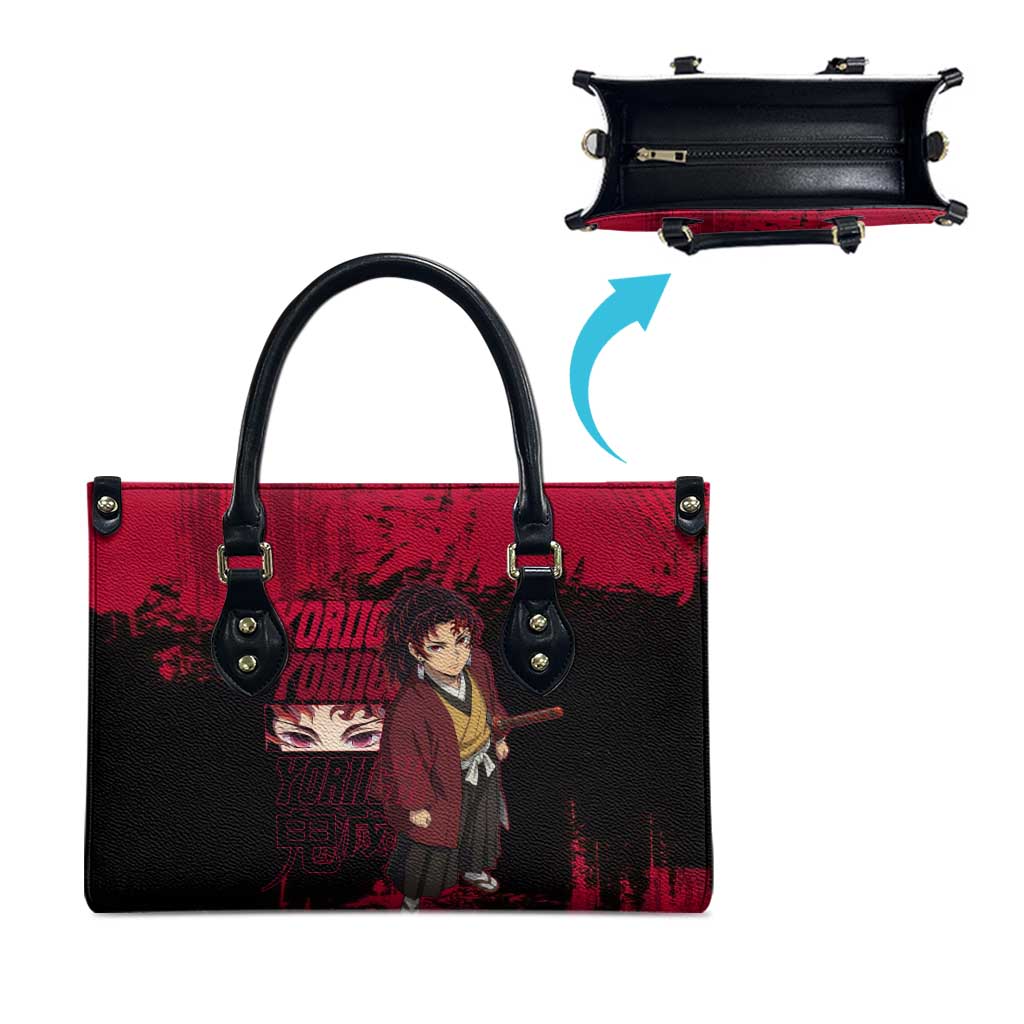 Yoriichi Tsugikuni Demon Slayer Red Grunge Design Leather Bag with Intense Eyes and Sword Stance - The Mazicc